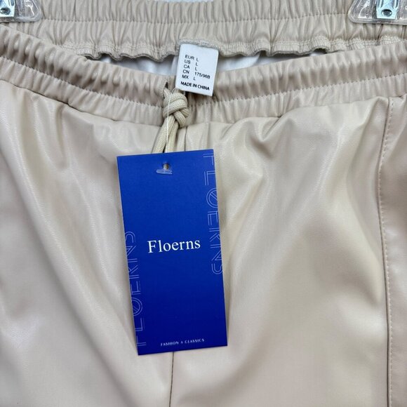 Foerns Faux Leather Jogger Pants High Waist Drawstring Beige Chic Womens L NEW - Picture 5 of 9